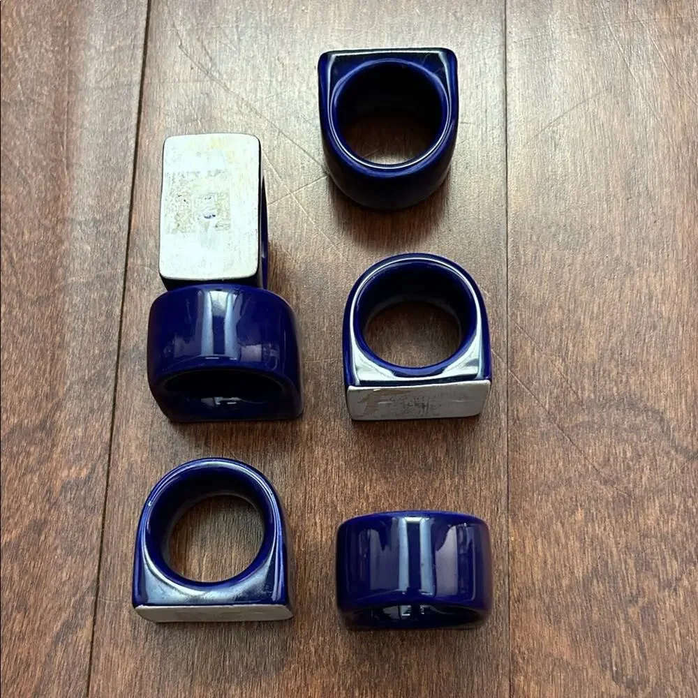 Vintage Pier 1 Imports Ceramic Cobalt Navy Blue Napkin Ring Set, 6 Piece Set